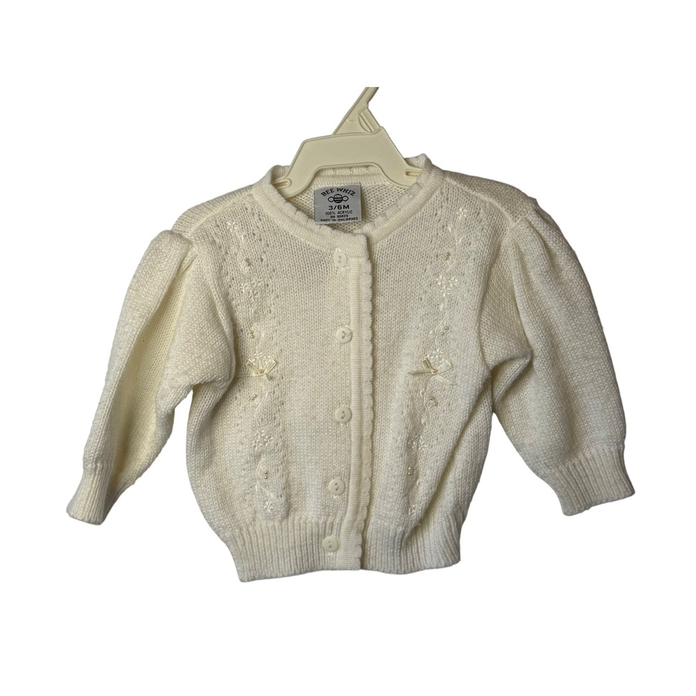 VTG‎ Bee Whiz Baby Girls 3/6M White Knit Cardigan Embroidered Pearl Bow Sweater